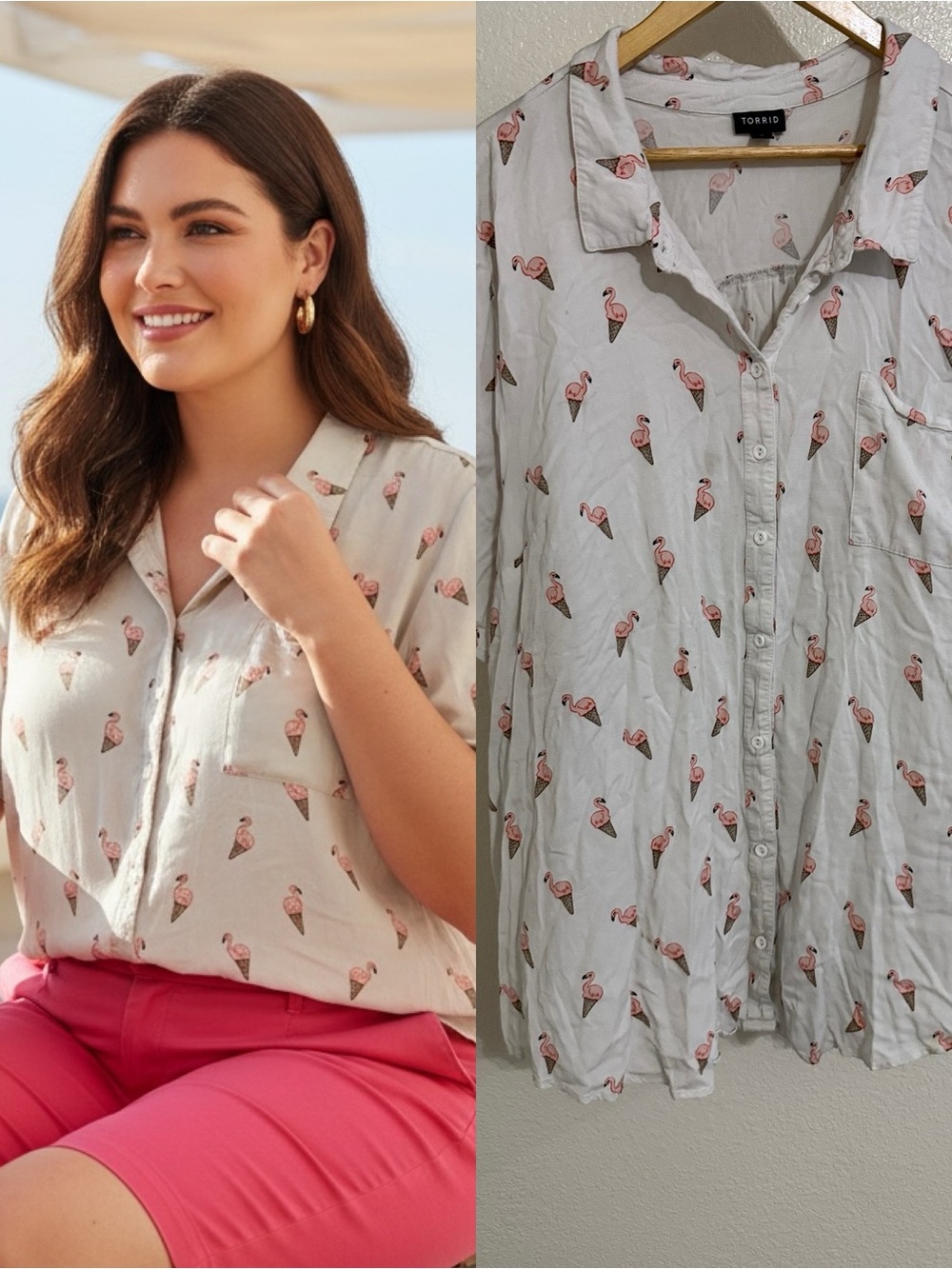 Torrid Flamingo Ice Cream Cone Button Front Shirt Size 6 | blouseTop